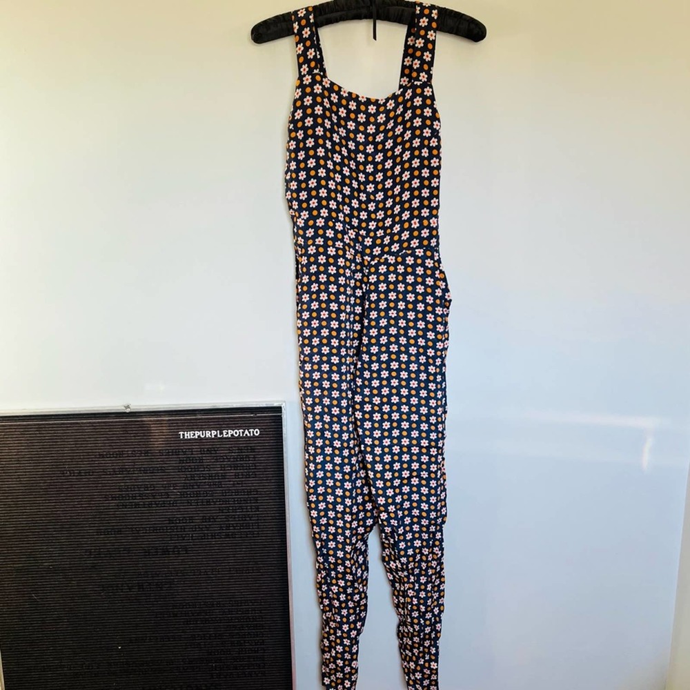 Label Ritu Kumar Navy Blue Polka Dot & Floral Overall Jumpsuit Size 2